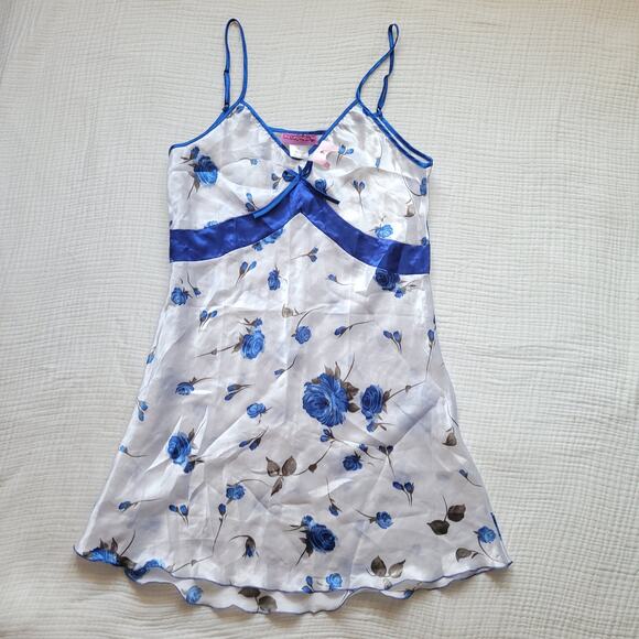 Y2K NWT Womens Large White Satin Slip Dress Blue Roses Floral Bow Coquette - Picture 1 of 6
